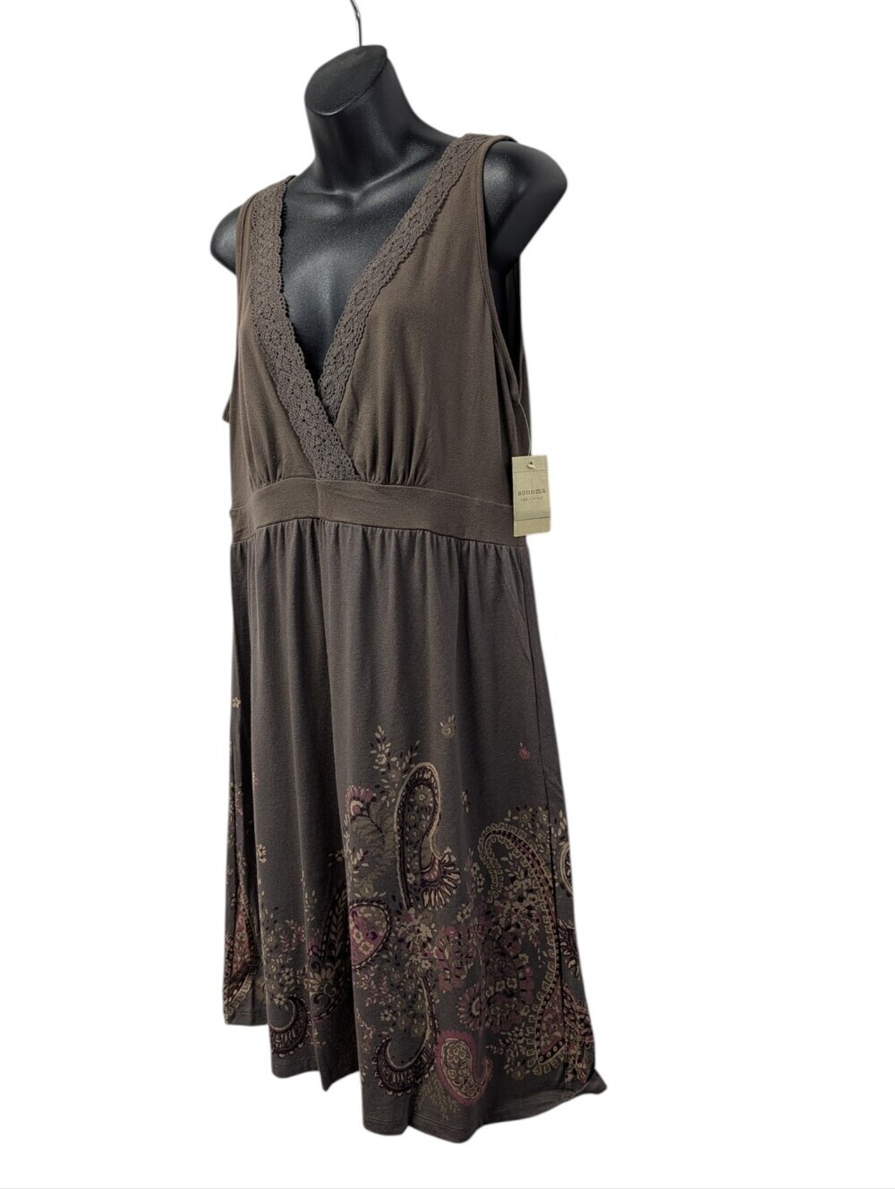 Sonoma Life + Style Brown Green Paisley Sleeveless Empire Waist Dress Sz L NWT - Picture 3 of 5